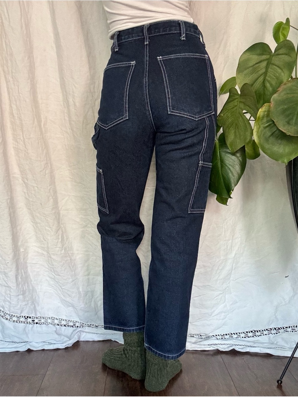 Brandy Melville Dark Wash Carpenter Jeans White Contrast Stitching Workwear